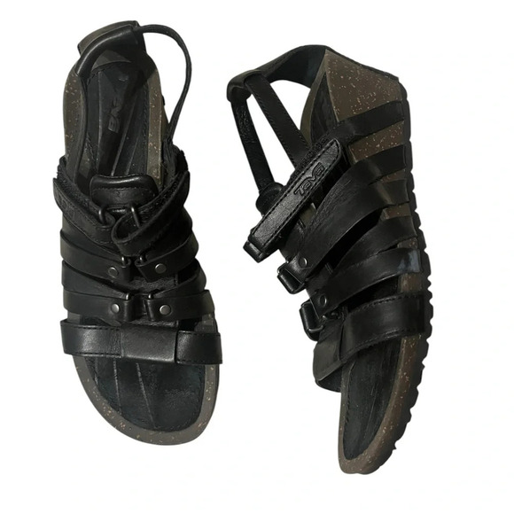 Teva Cabrillo Gladiator Wedge Strap Sandal Hook-Loop Black Leather Women US 6.5 - Picture 1 of 9